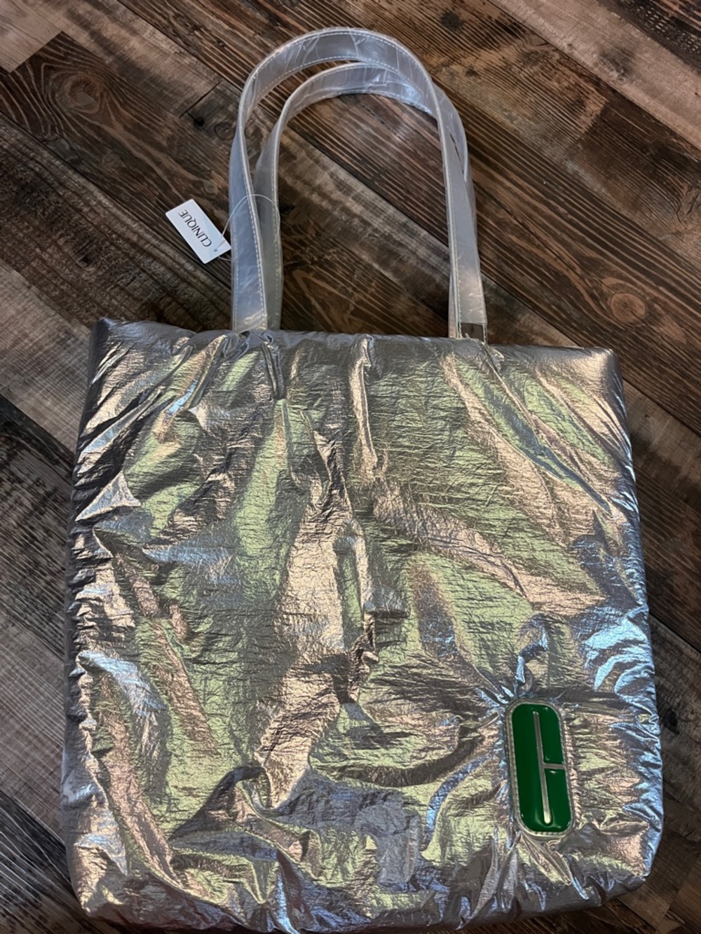 Clinique Metallic Silver Tote with Green Logo Accent limited edition
